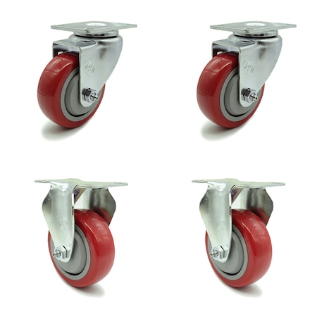 Service Caster 3.5 Inch Red Polyurethane Wheel Swivel Top Plate Caster Set with 2 Rigid SCC SCC-20S3514-PPUB-RED-2-R3514-2